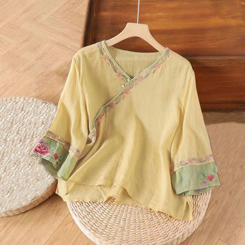 Nimara Ritual Stand Collar Embroidery Button Design Three Quarter Sleeve Women's Shirt