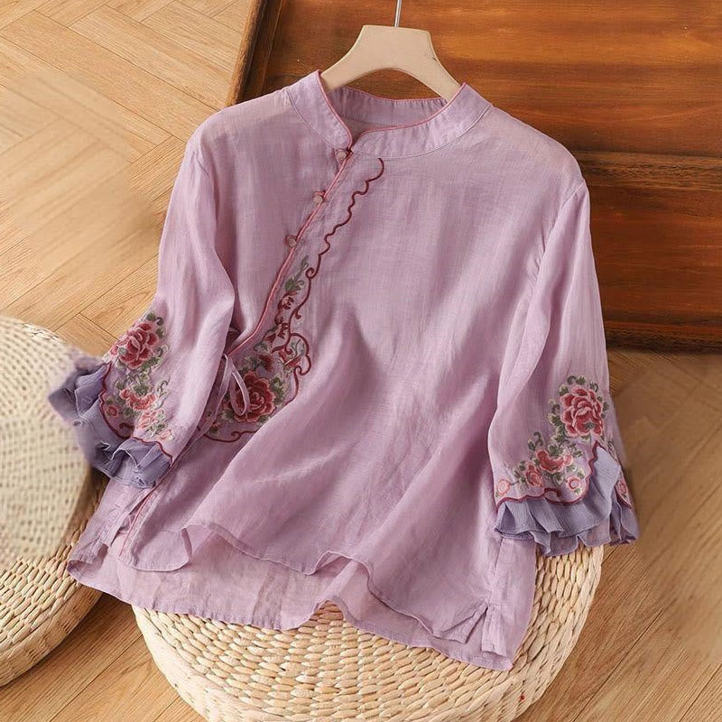 Nimara Ritual Casual Loose Peony Embroidery Frog Button Three Quarter Sleeve Women's Shirt
