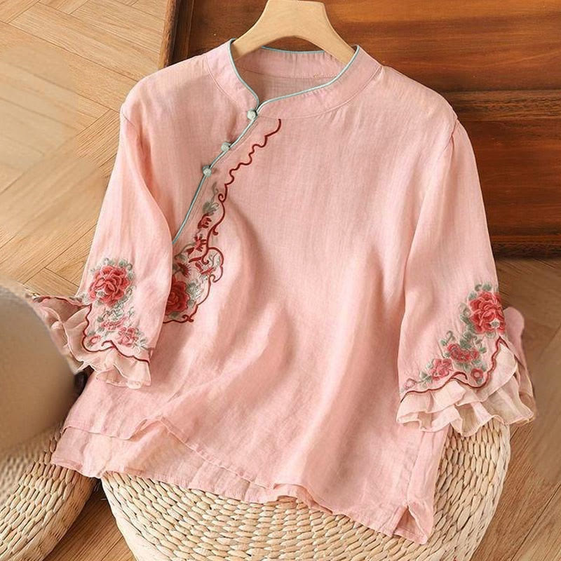 Nimara Ritual Casual Loose Peony Embroidery Frog Button Three Quarter Sleeve Women's Shirt