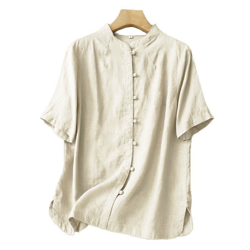 Nimara Ritual Summer Women's Cotton Short Sleeve Stand Collar Side Slit Frog-Button Design Shirt