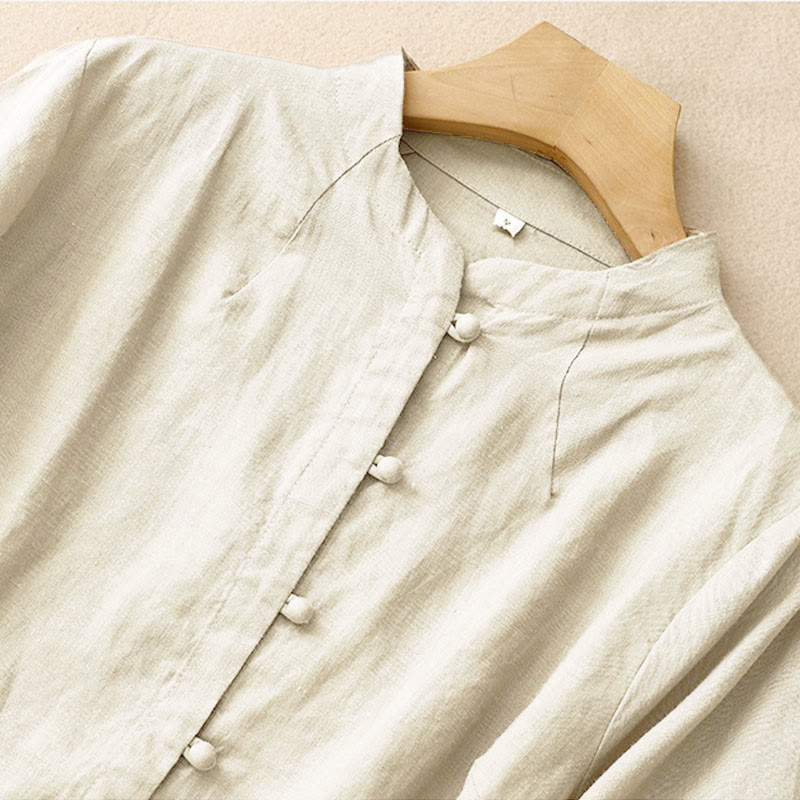 Nimara Ritual Summer Women's Cotton Short Sleeve Stand Collar Side Slit Frog-Button Design Shirt