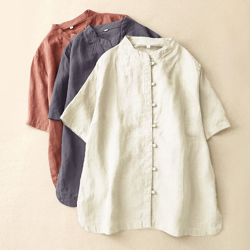 Nimara Ritual Summer Women's Cotton Short Sleeve Stand Collar Side Slit Frog-Button Design Shirt
