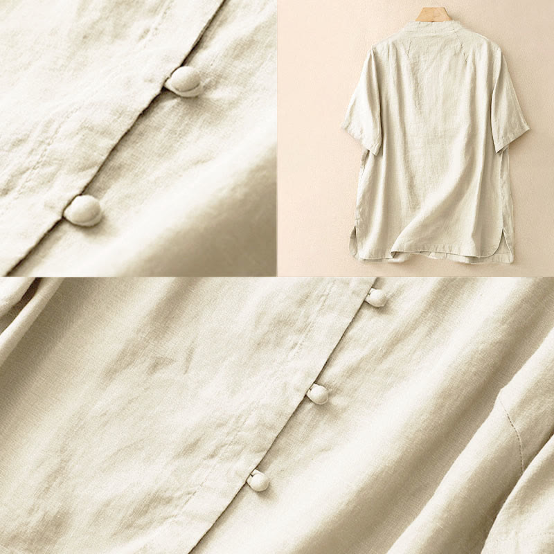 Nimara Ritual Summer Women's Cotton Short Sleeve Stand Collar Side Slit Frog-Button Design Shirt