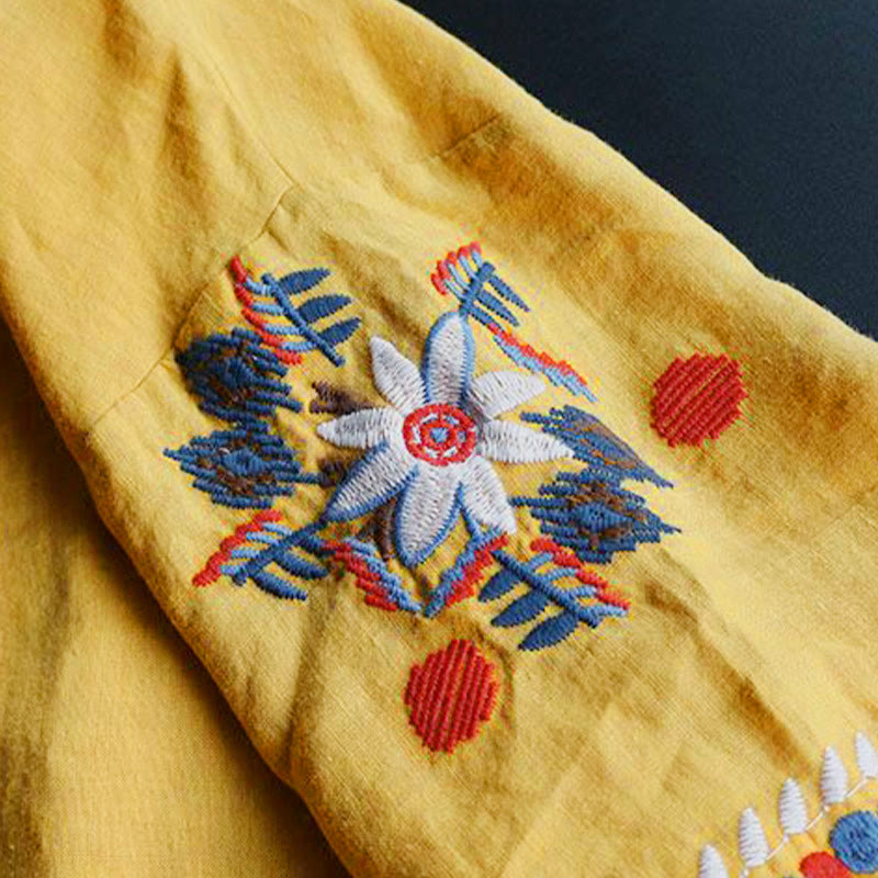 Nimara Ritual Retro Artistic Embroidery Floral Pattern Crew Neck Women's Cotton Linen Short Sleeve T-Shirt
