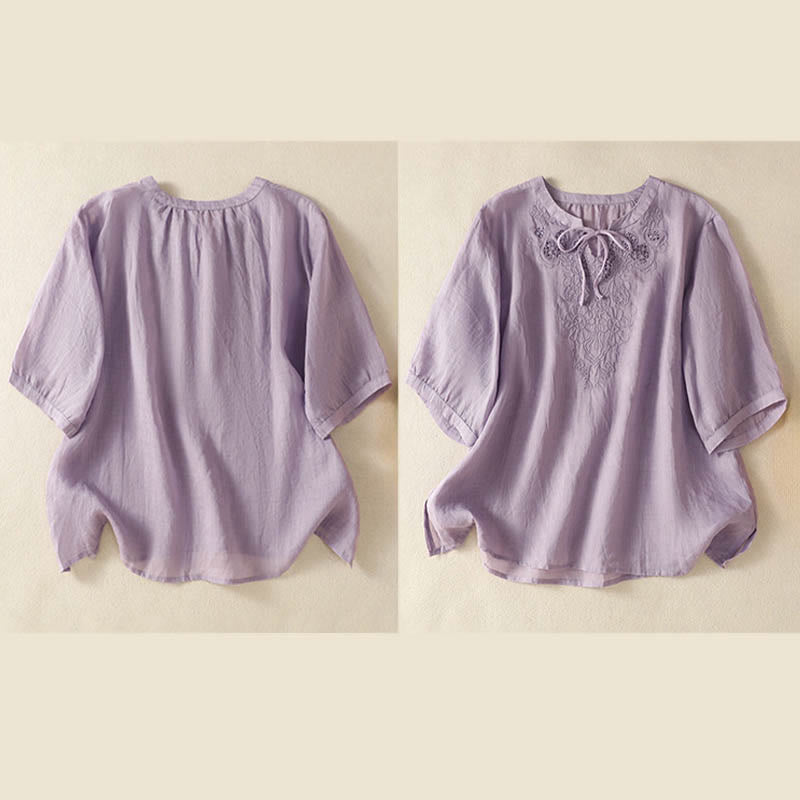 Nimara Ritual Summer Embroidery Flower Lace-up Design Notched Collar Women's Short Sleeve Shirt