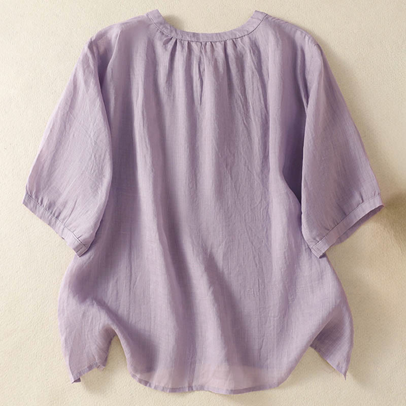 Nimara Ritual Summer Embroidery Flower Lace-up Design Notched Collar Women's Short Sleeve Shirt