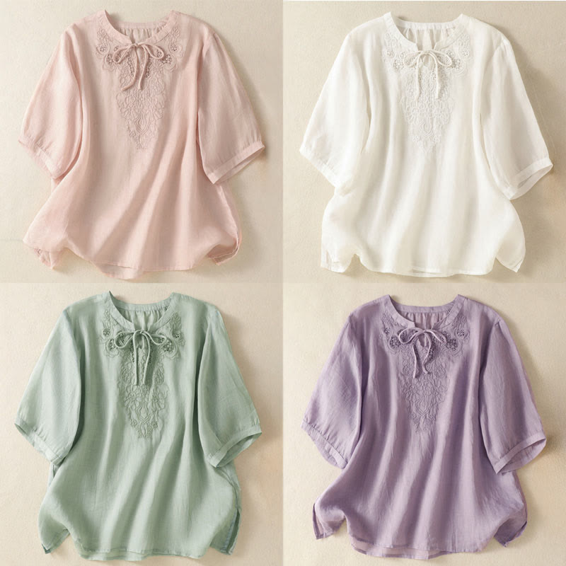 Nimara Ritual Summer Embroidery Flower Lace-up Design Notched Collar Women's Short Sleeve Shirt