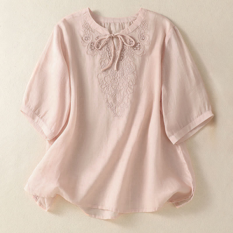 Nimara Ritual Summer Embroidery Flower Lace-up Design Notched Collar Women's Short Sleeve Shirt