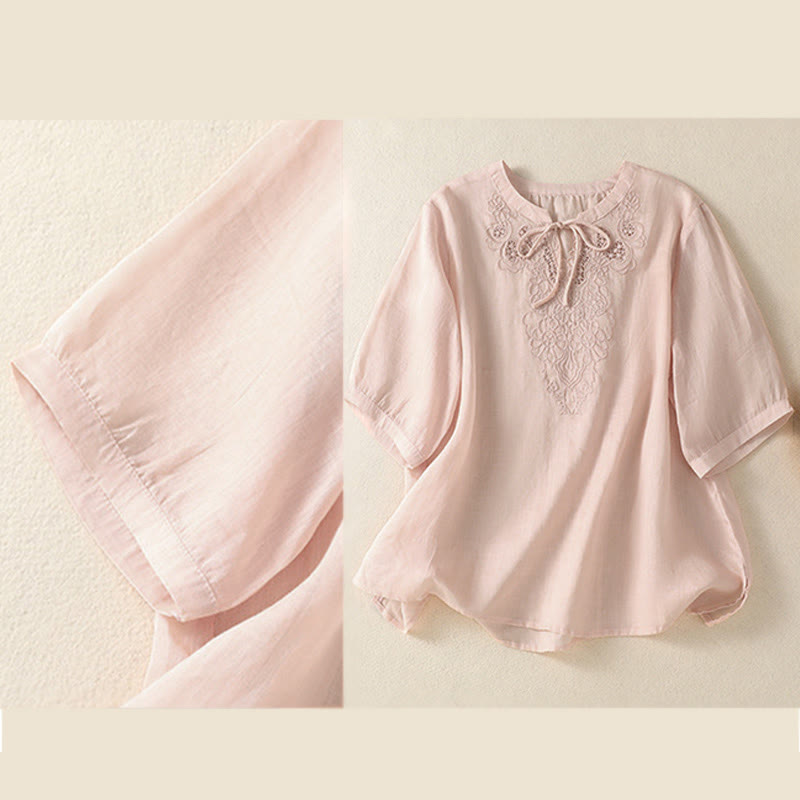 Nimara Ritual Summer Embroidery Flower Lace-up Design Notched Collar Women's Short Sleeve Shirt