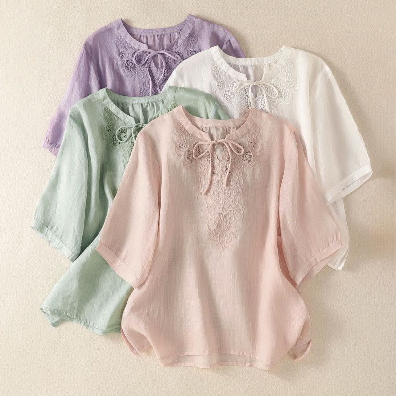 Nimara Ritual Summer Embroidery Flower Lace-up Design Notched Collar Women's Short Sleeve Shirt