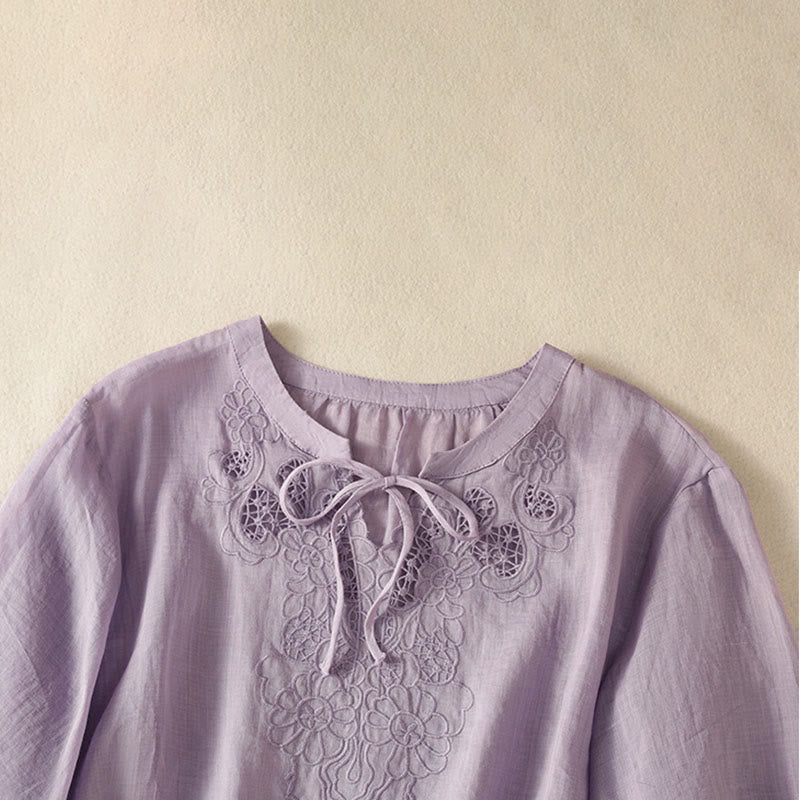 Nimara Ritual Summer Embroidery Flower Lace-up Design Notched Collar Women's Short Sleeve Shirt
