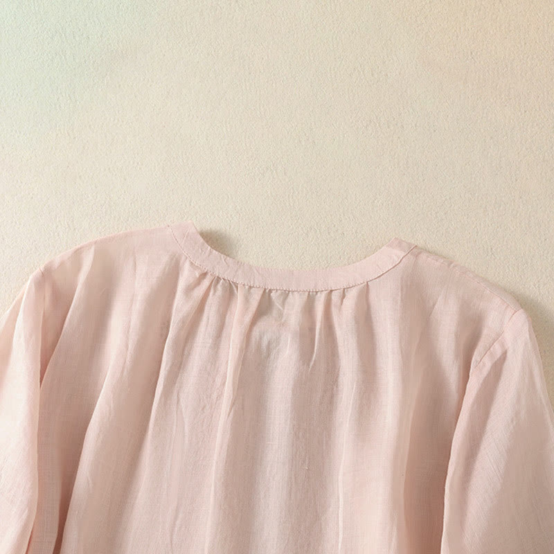 Nimara Ritual Summer Embroidery Flower Lace-up Design Notched Collar Women's Short Sleeve Shirt