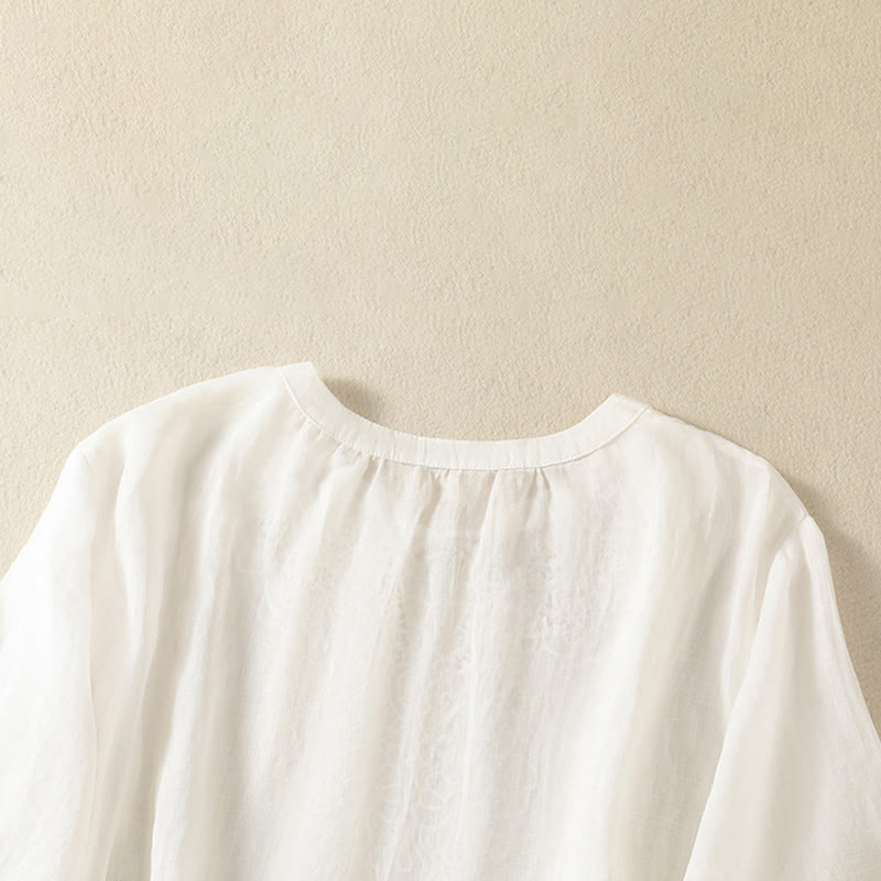 Nimara Ritual Summer Embroidery Flower Lace-up Design Notched Collar Women's Short Sleeve Shirt