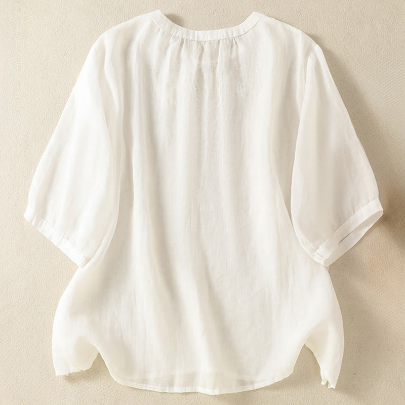 Nimara Ritual Summer Embroidery Flower Lace-up Design Notched Collar Women's Short Sleeve Shirt