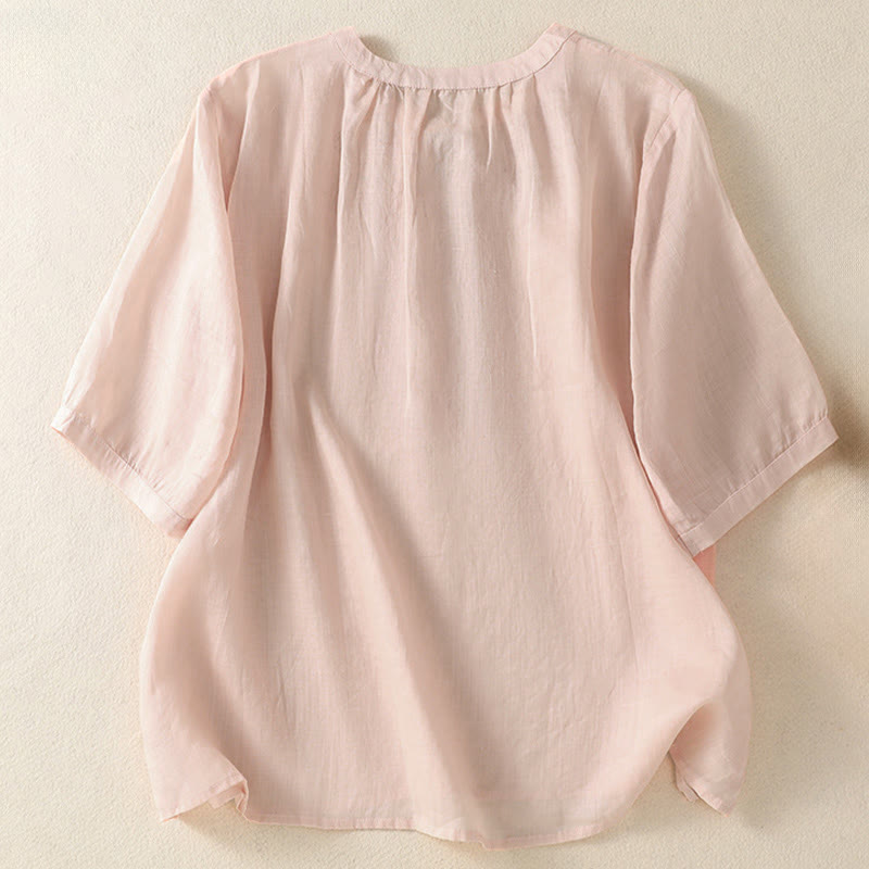 Nimara Ritual Summer Embroidery Flower Lace-up Design Notched Collar Women's Short Sleeve Shirt