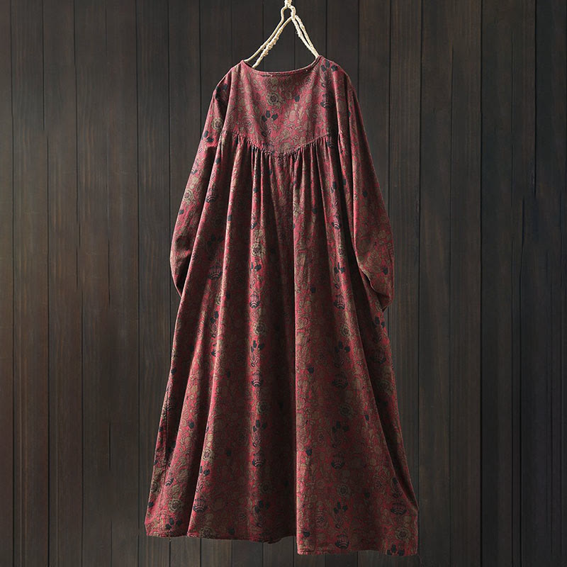 Nimara Ritual Retro Floral Pattern A-line Design Long Sleeve Women's Cotton Maxi Dress