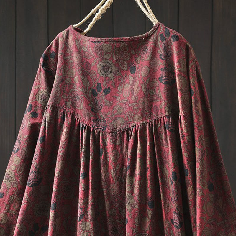 Nimara Ritual Retro Floral Pattern A-line Design Long Sleeve Women's Cotton Maxi Dress
