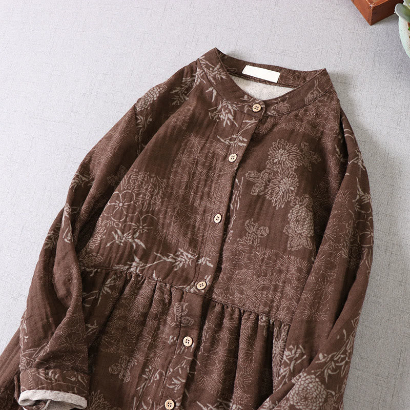 Nimara Ritual Commute Bamboo Floral Pattern Long Sleeve Buttons Women's Cotton Midi Dress With Pockets