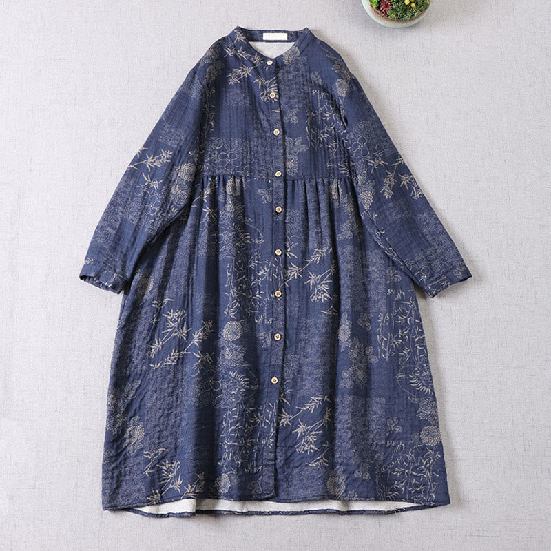 Nimara Ritual Commute Bamboo Floral Pattern Long Sleeve Buttons Women's Cotton Midi Dress With Pockets