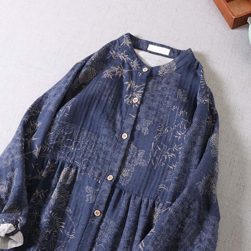 Nimara Ritual Commute Bamboo Floral Pattern Long Sleeve Buttons Women's Cotton Midi Dress With Pockets