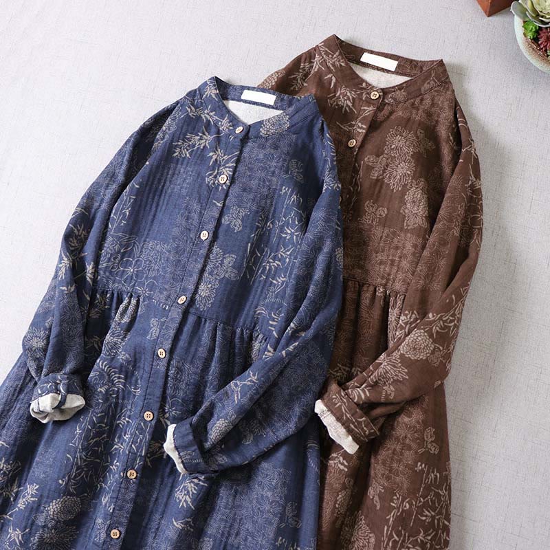 Nimara Ritual Commute Bamboo Floral Pattern Long Sleeve Buttons Women's Cotton Midi Dress With Pockets
