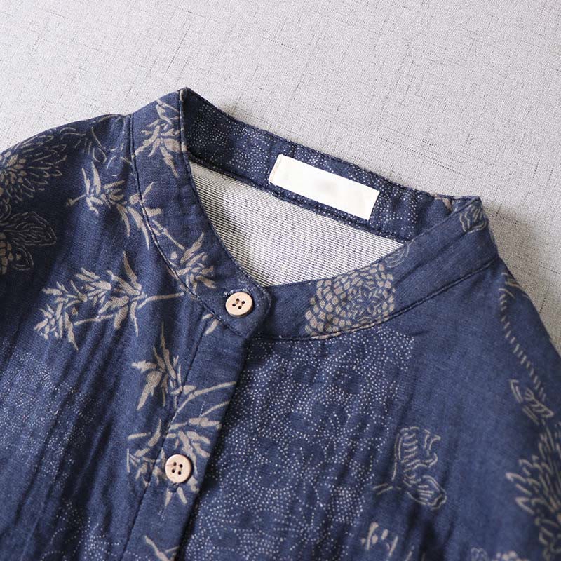 Nimara Ritual Commute Bamboo Floral Pattern Long Sleeve Buttons Women's Cotton Midi Dress With Pockets