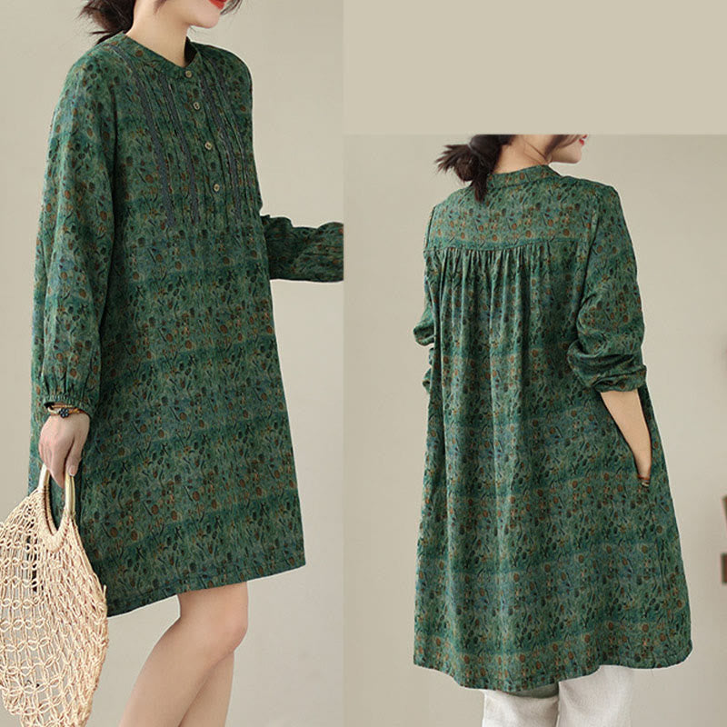 Nimara Ritual Retro Printed Floral Women's Accordion Pleats Design Long Sleeve Shirt With Pockets