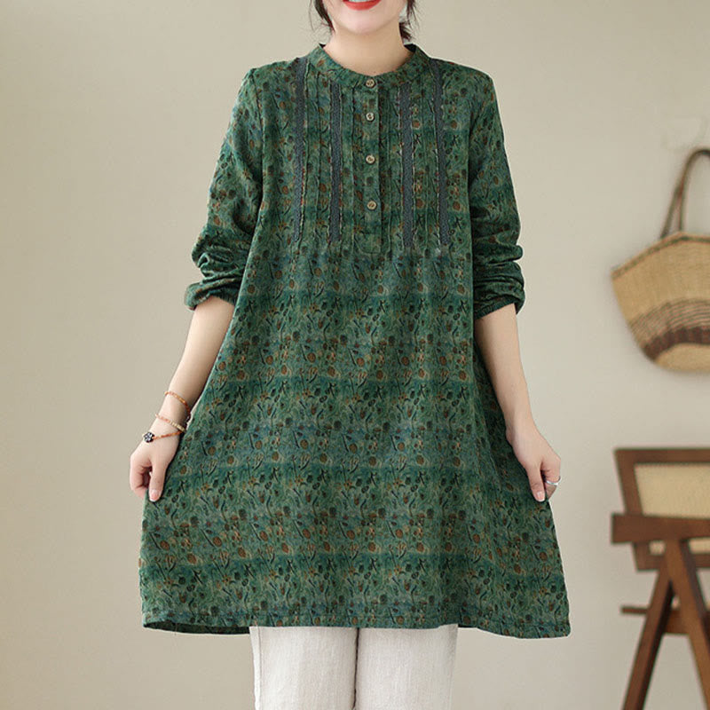 Nimara Ritual Retro Printed Floral Women's Accordion Pleats Design Long Sleeve Shirt With Pockets