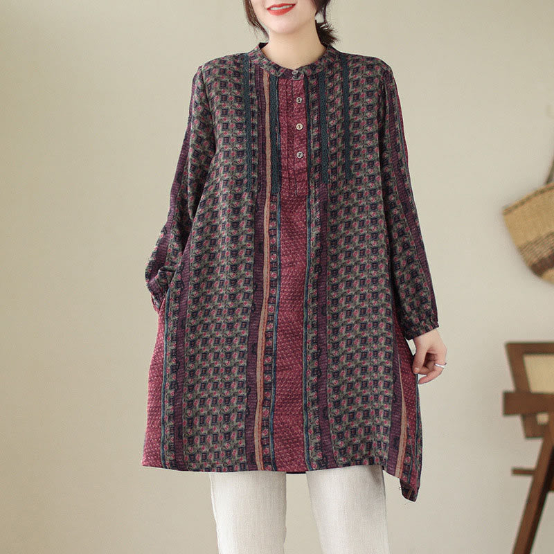 Nimara Ritual Retro Printed Floral Women's Accordion Pleats Design Long Sleeve Shirt With Pockets
