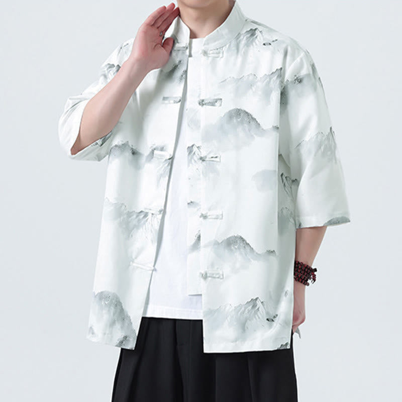 Nimara Ritual Printing Chinese Ink Landscape Pattern Men's Frog-button Half Sleeve Shirts