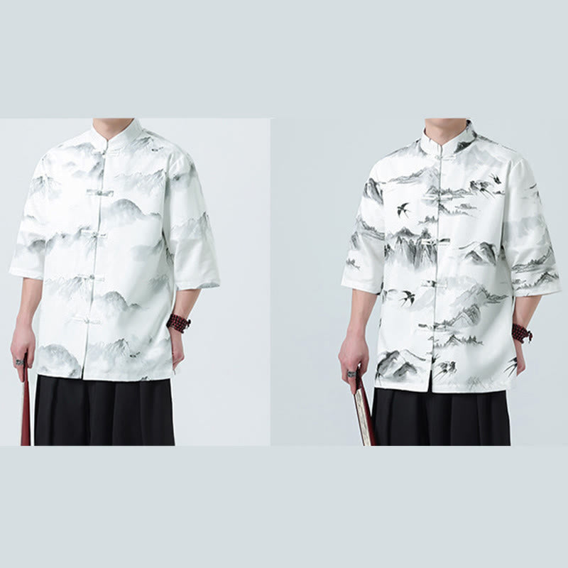 Nimara Ritual Printing Chinese Ink Landscape Pattern Men's Frog-button Half Sleeve Shirts