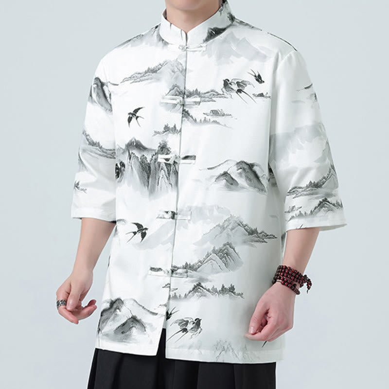 Nimara Ritual Printing Chinese Ink Landscape Pattern Men's Frog-button Half Sleeve Shirts