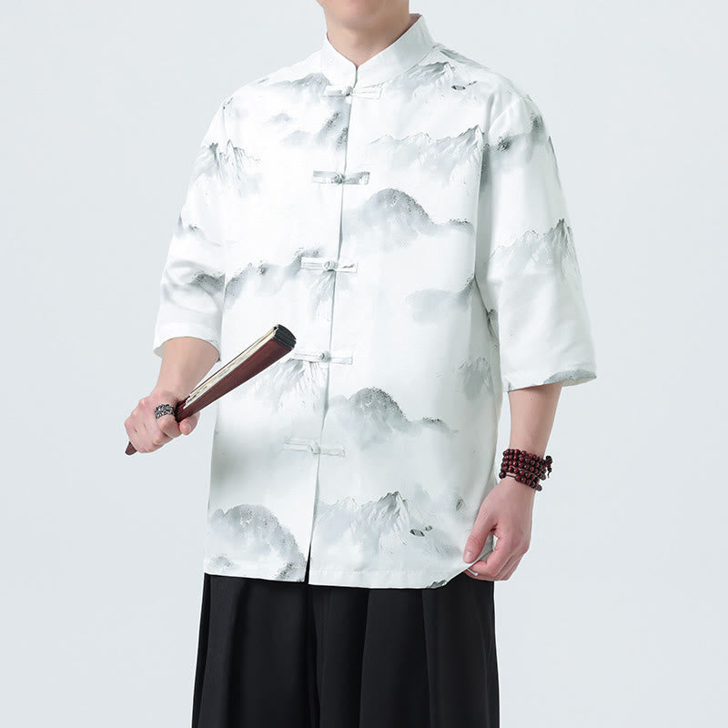Nimara Ritual Printing Chinese Ink Landscape Pattern Men's Frog-button Half Sleeve Shirts