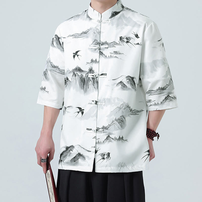 Nimara Ritual Printing Chinese Ink Landscape Pattern Men's Frog-button Half Sleeve Shirts