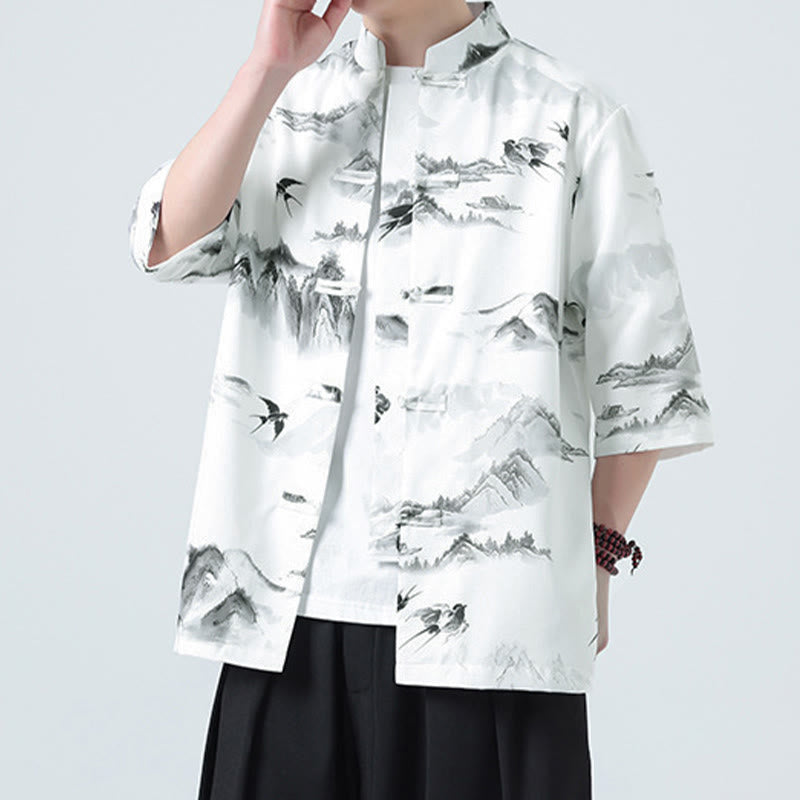 Nimara Ritual Printing Chinese Ink Landscape Pattern Men's Frog-button Half Sleeve Shirts