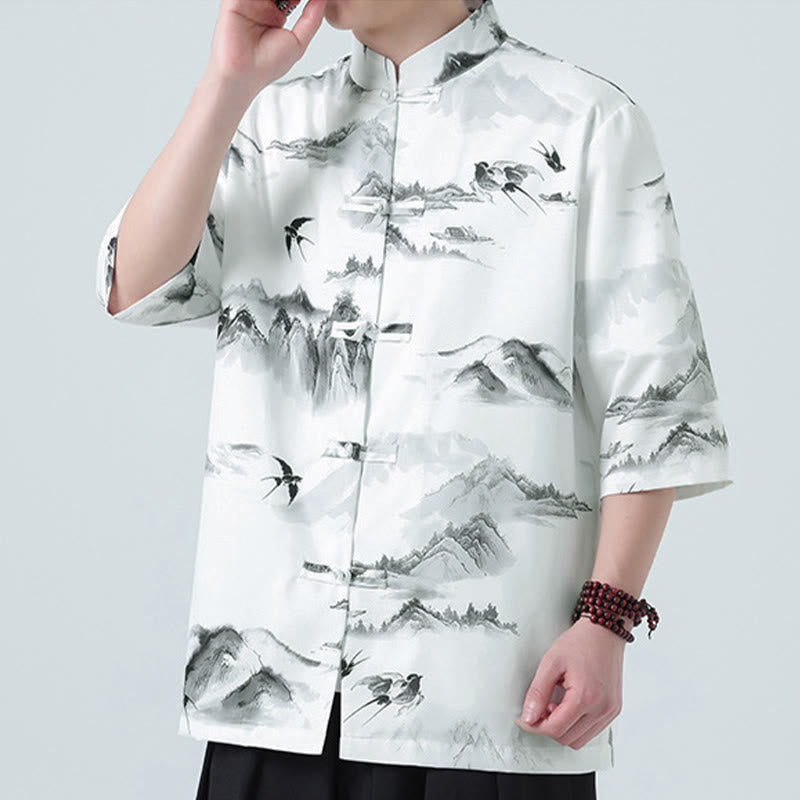 Nimara Ritual Printing Chinese Ink Landscape Pattern Men's Frog-button Half Sleeve Shirts