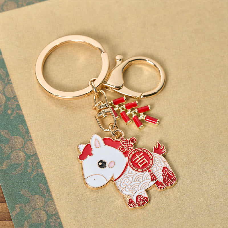 Nimara Ritual "Hoping You Have a Joyful Year" Year of the Horse Ingot Red Firecrackers Alloy Key Chain Includes Gift Message Card