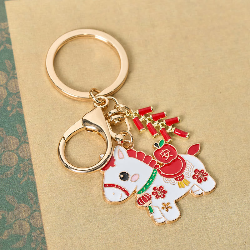 Nimara Ritual "Hoping You Have a Joyful Year" Year of the Horse Ingot Red Firecrackers Alloy Key Chain Includes Gift Message Card