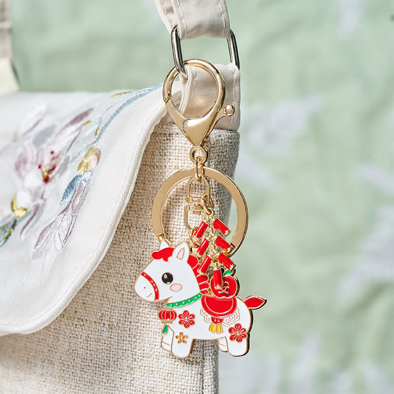 Nimara Ritual "Hoping You Have a Joyful Year" Year of the Horse Ingot Red Firecrackers Alloy Key Chain Includes Gift Message Card