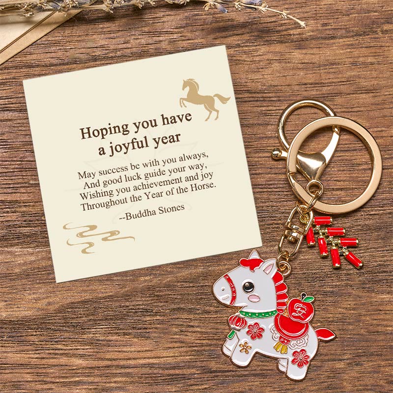 Nimara Ritual "Hoping You Have a Joyful Year" Year of the Horse Ingot Red Firecrackers Alloy Key Chain Includes Gift Message Card