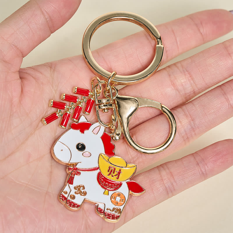 Nimara Ritual "Hoping You Have a Joyful Year" Year of the Horse Ingot Red Firecrackers Alloy Key Chain Includes Gift Message Card