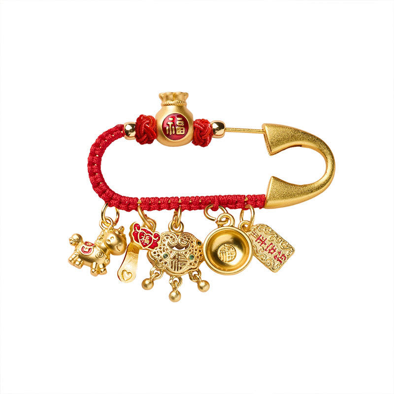 Nimara Ritual Year Of The Horse Charm Fu Character Attract Fortune Ruyi Handle Brass Luck Brooch