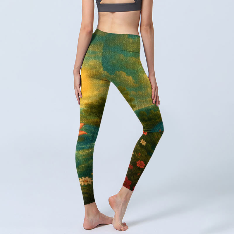 Nimara Ritual Symmetrical Om Symbol Lotus Flower Small Flower Tree Cloud Pattern Print Gym Leggings Women's Yoga Pants