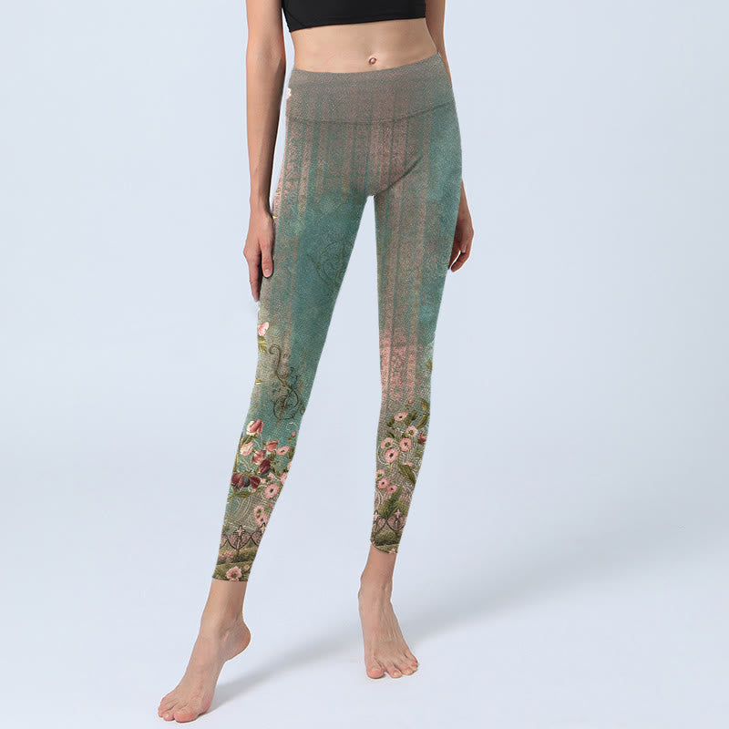 Nimara Ritual Symmetrical Retro Flower Leaf Vine Fence Pattern Print Gym Leggings Women's Yoga Pants