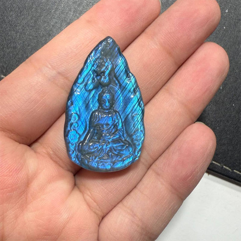 Nimara Ritual Engraving Buddha Natural Labradorite Teardrop Shape Figurine Cure Statue Home Decoration
