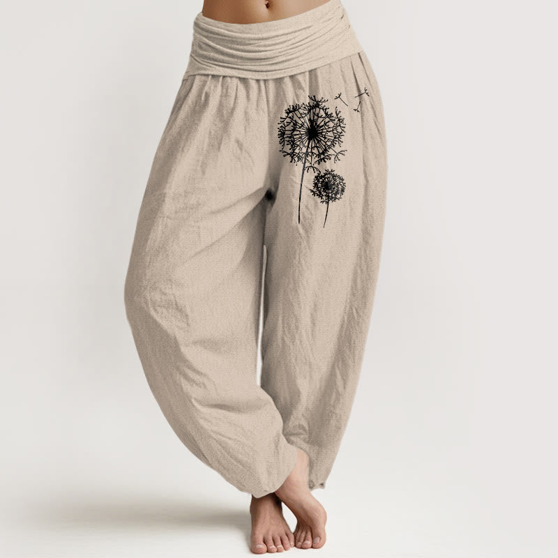 Nimara Ritual Pure Cotton Minimalist Style Dandelion Pattern Women's Elastic Waist Harem Pants