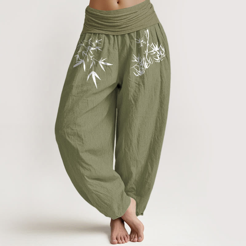 Nimara Ritual Pure Cotton Minimalist Style Bamboo Leaf Pattern Women's Elastic Waist Harem Pants