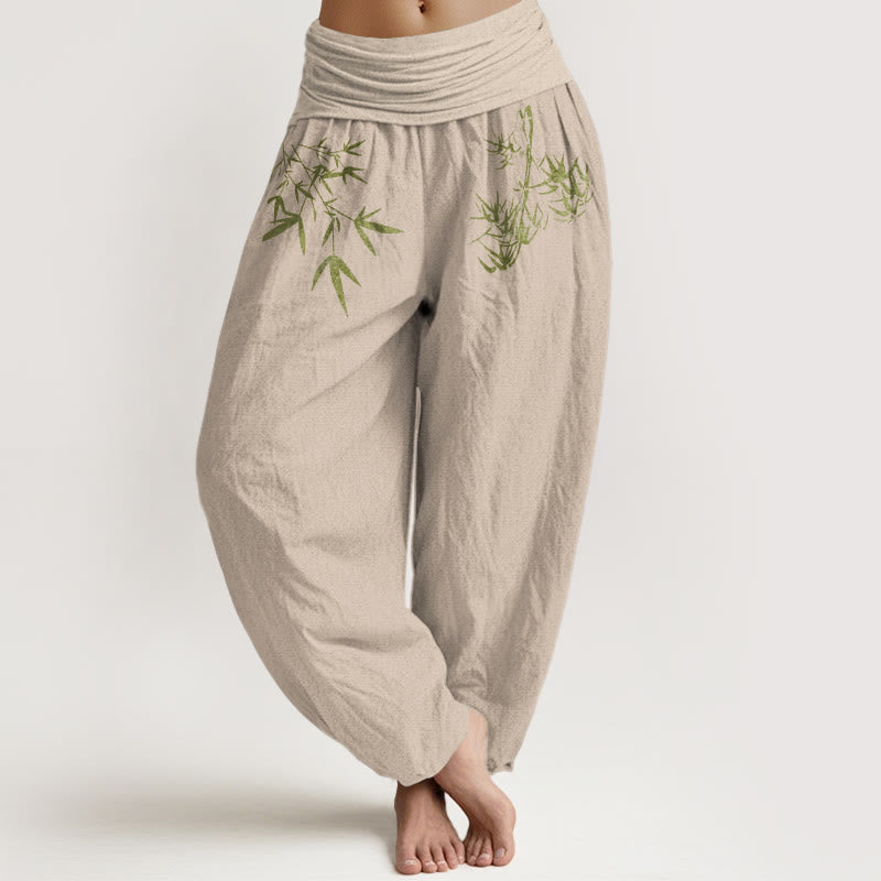Nimara Ritual Pure Cotton Minimalist Style Bamboo Leaf Pattern Women's Elastic Waist Harem Pants
