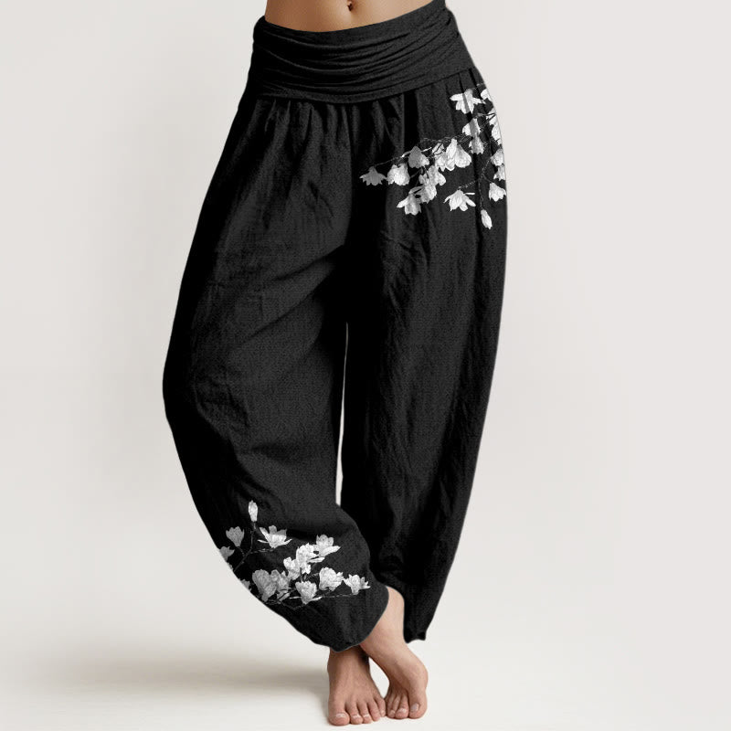 Nimara Ritual Pure Cotton Minimalist Style Magnolia Flower Pattern Women's Elastic Waist Harem Pants