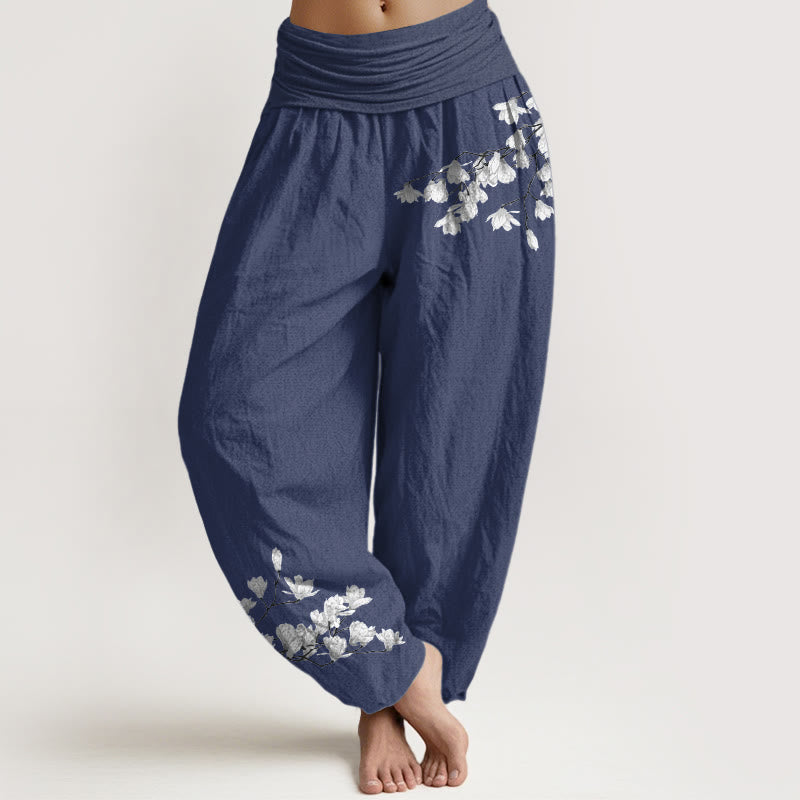 Nimara Ritual Pure Cotton Minimalist Style Magnolia Flower Pattern Women's Elastic Waist Harem Pants
